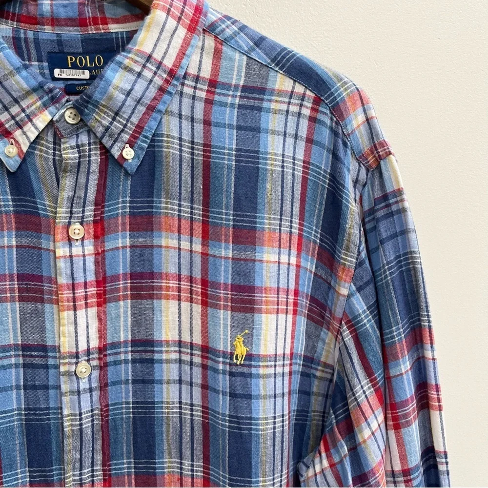 Polo Ralph Lauren 100% Linen Men’s Blue Red Plaid Long Sleeve Button Down XXL